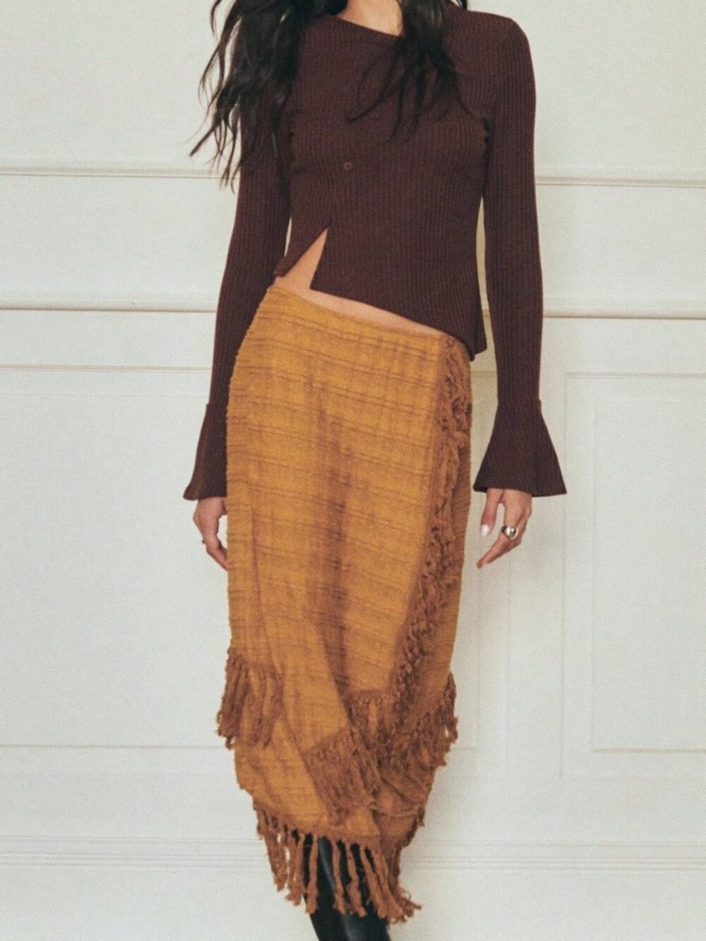 Brown Elegant Women's Fringe Midi Pencil Skirt - Picture 3 of 6